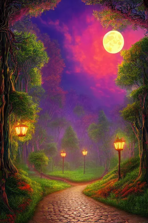 Image similar to a beautiful digital illustration painting of a detailed gothic fantasy fireflies forest trees and iron gate cobblestone pathway vines full moon by lisa frank, james gurney, 8 k resolution trending on artstation concept art digital illustration