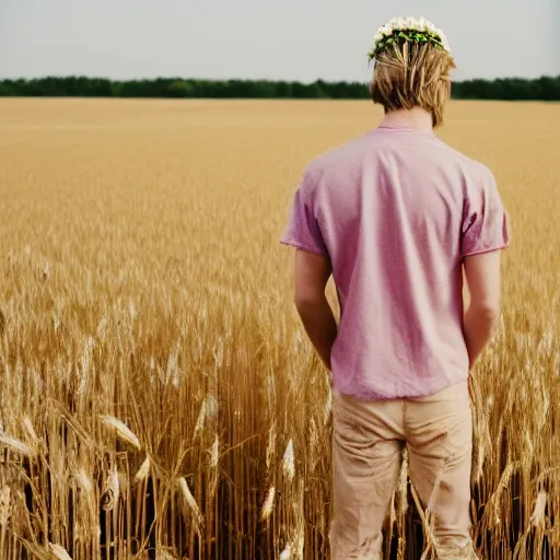 Prompt: kodak portra 4 0 0 photograph of a skinny blonde guy standing in field of wheat, back view, flower crown, moody lighting, telephoto, 9 0 s vibe, blurry background, vaporwave colors, faded!,