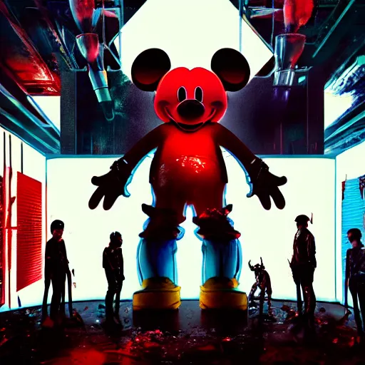 Prompt: a group of people standing around a giant bloody wounded mickey mouse, cyberpunk art by david lachapelle, cgsociety, sots art, dystopian art, reimagined by industrial light and magic, dark concept art