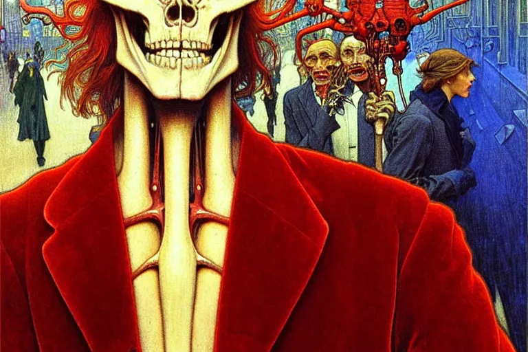 Image similar to realistic detailed closeup portrait painting of a single skeleton wearing red velvet blazer in a crowded futuristic moscow street by Jean Delville, Amano, Yves Tanguy, Alphonse Mucha, Ernst Haeckel, Edward Robert Hughes, Roger Dean, rich moody colours, blue eyes