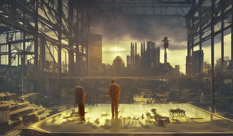 Image similar to sparse group people in simple warehouse, looking at hologram of futuristic city on a table, cinematic concept art, godrays, golden hour, natural sunlight, 4 k, clear details, tabletop model buildings, center model buildings, hologram center, crane shot, crane shot, crane shot