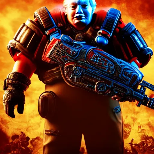 Prompt: portrait of donald trump as a clown in gears of war, splash art, movie still, cinematic lighting, ray tracing, octane render, long lens, shallow depth of field, bokeh, anamorphic lens flare, 8 k, hyper detailed, 3 5 mm film grain