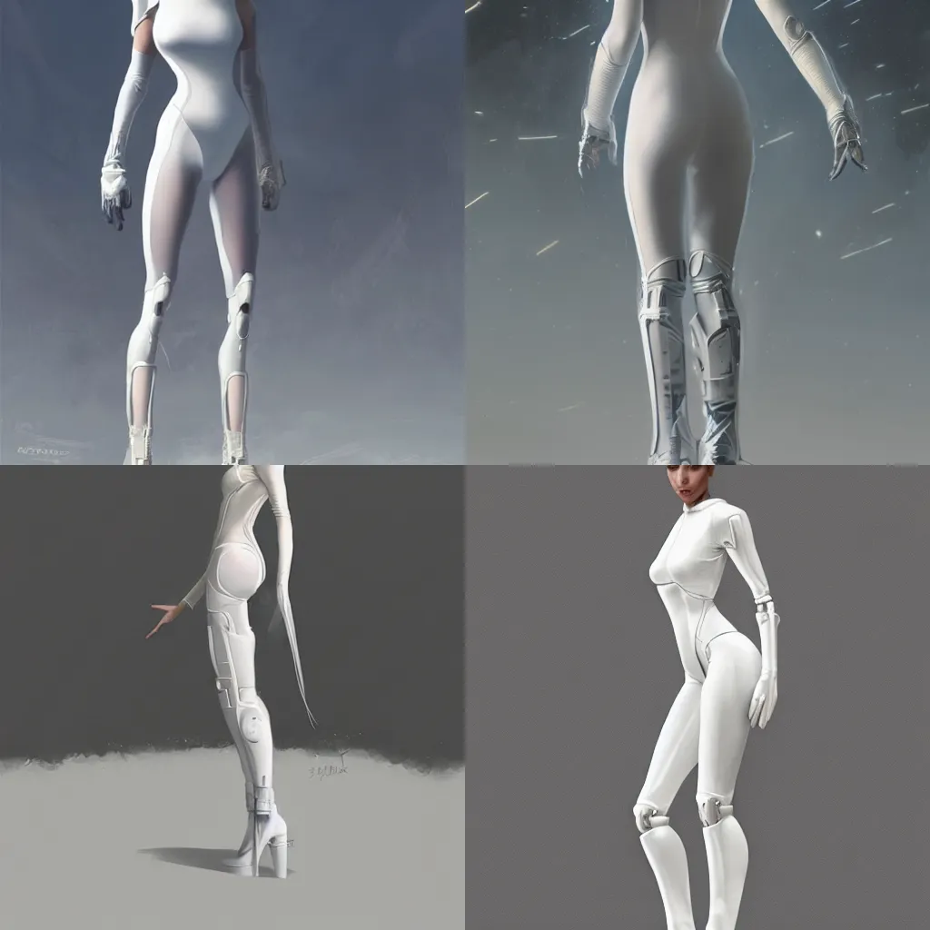 Prompt: full body portrait of a woman standing, dressed in all white futuristic bodysuit with a bionic leg by Greg Rutkowski, trending on artstation