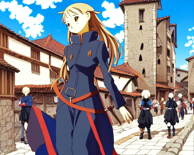 Image similar to anime visual, portrait of a young female walking through a busy medieval village, face by yoh yoshinari, murata range, jean giraud, last exile, blue submarine no 6, dynamic pose, dynamic perspective, detailed silhouette, cel shaded anime