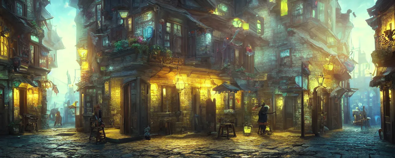 Image similar to tavern bard infront of tiny, narrow dark streets with exotic dancers, exterior, two stories, vaporwave aesthetics, 8 k uhd, unreal engine, octane render in the artstyle of finnian macmanus, john park and greg rutkowski