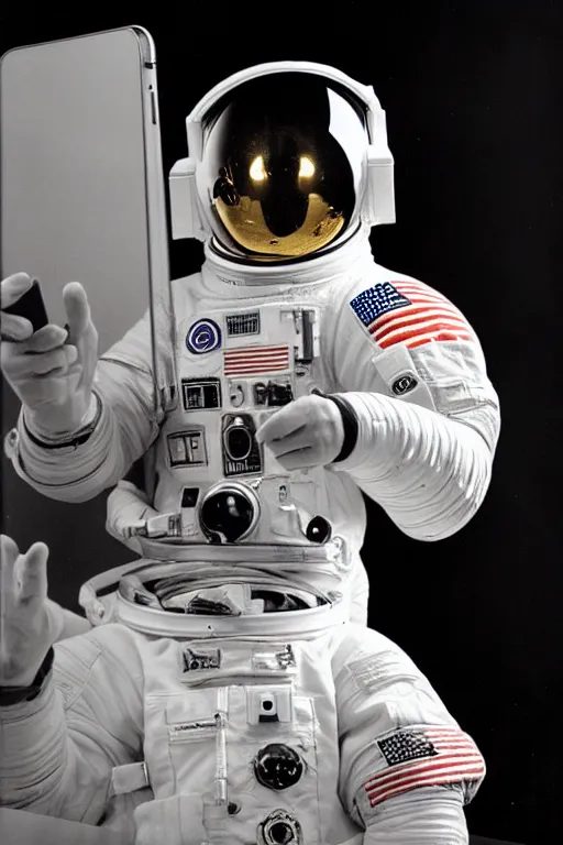 Image similar to extremely detailed studio portrait of space astronaut taking a selfie, holds a smart phone in one hand, phone!! held up to visor, reflection of phone in visor, moon, extreme close shot, soft light, golden glow, award winning photo by george hurrell