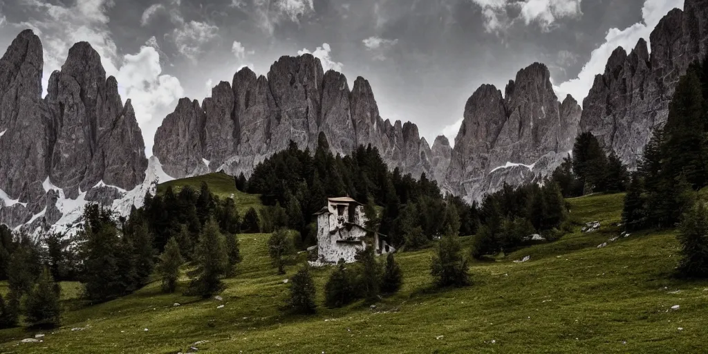 Prompt: desperate, trapped by ancient alpine beings, screaming, lost in the woods, in the dolomites, transforming into something old