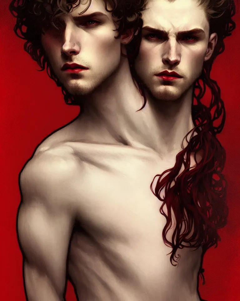 Image similar to portrait of a beautiful young fit male vampire with curly blond hairs and pale skin, dressed with urban clothes, by greg rutkowski and alphonse mucha, d & d character, gradient white to red, modern nocturnal background, highly detailed portrait, digital painting, artstation, concept art, smooth, sharp focus ilustration, artstation hq