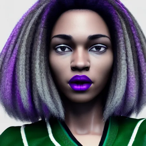 Image similar to black woman, hairstyle = short bob, hair colour = light grey, eyes = purple, wearing dark green bomber jacket, realistic 4 k octane beautifully detailed render, 4 k post - processing, highly detailed, intricate complexity, epic composition, magical atmosphere, cinematic lighting, masterpiece, ultra hd