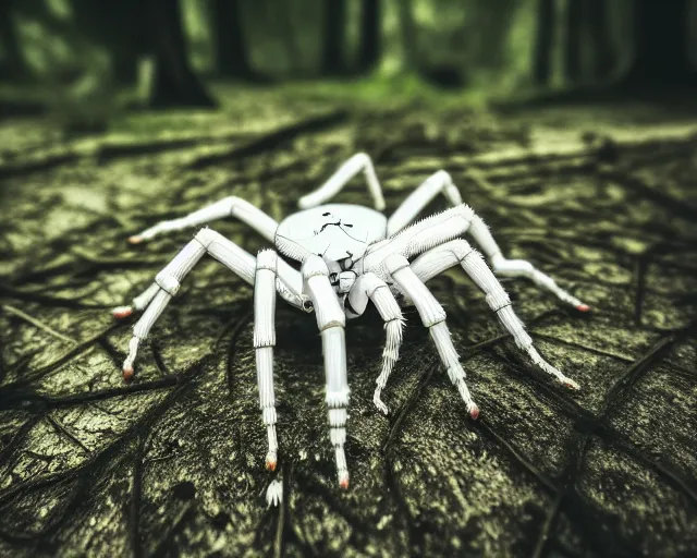 Image similar to photo of a white cyborg spider with biomechanical body in the forest. cyberpunk horror style. highly detailed 8 k. intricate. nikon d 8 5 0 5 5 mm. award winning photography.