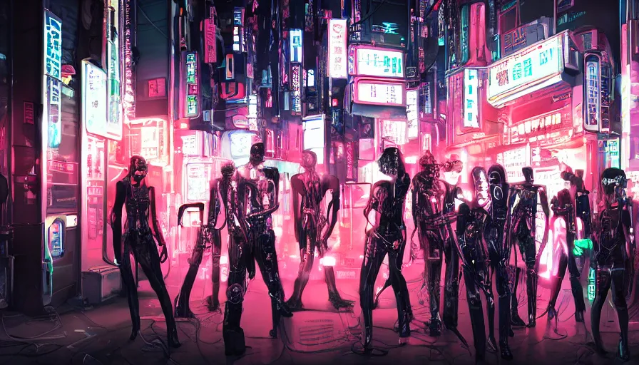 Image similar to ( ( ( sci - fi mafia ) ) ) futuristic half musician half cyborg cyberpunk neopunk horror electronic rock band photo, five people, dressed like cyberpunk horror characters, neon signs, futuristic buildings in the background, tokyo at night, photographic quality, hyper - realistic, daylight, medium format uhd style, fifth element by jean - luc goddard