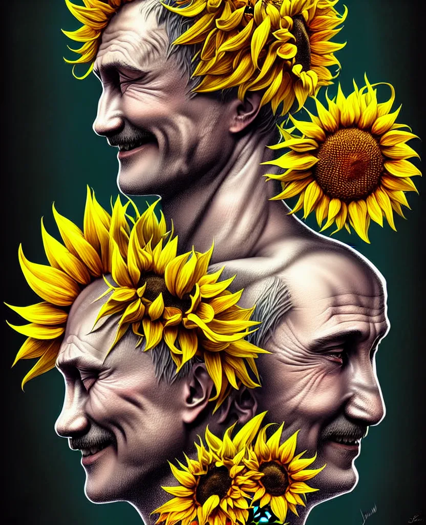 Image similar to digital art, centered full body of Putin smiling king, Sunflower crown, ,intricate, veins, by James Jean and by artgerm , by ross tran ultradetailed, charachter design, concept art, trending on artstation,