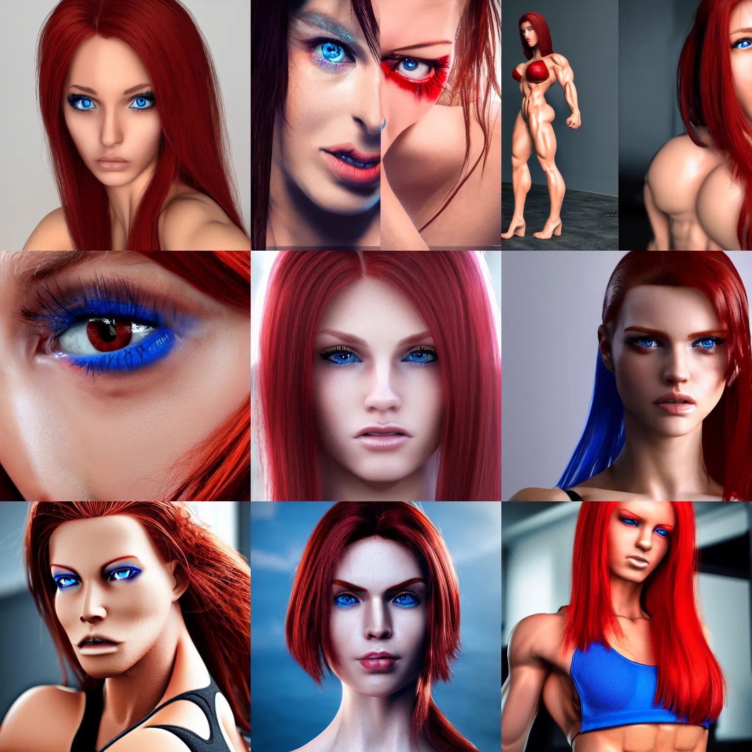 Prompt: Red head blue eye hot woman, fit physique, ultra-realistic, 4k