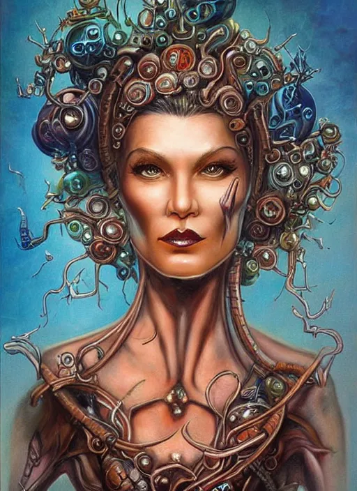 Image similar to biopunk genie portrait by julie bell, intricate biopunk patterns, detailed!, very sharp!!!