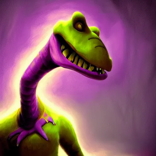 Image similar to barney the dinosaur in a dim purple lit room, melancholy, trending on artstation