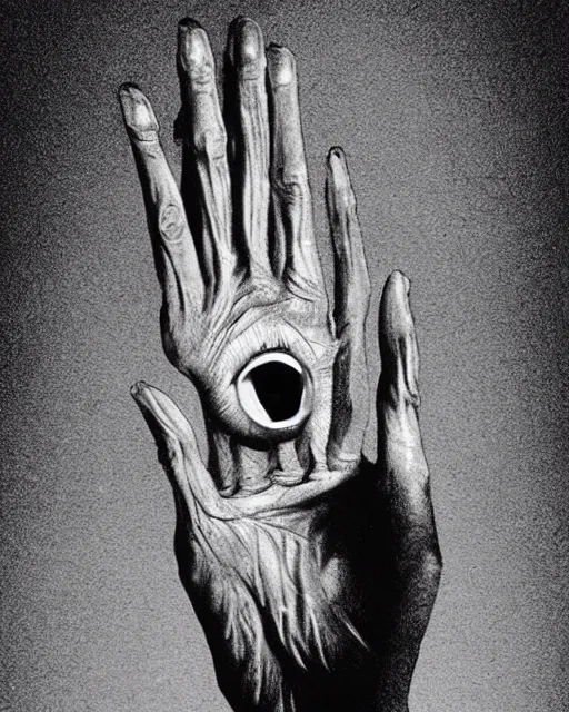 Image similar to photo of an open human hand with five fingers, in the palm a creepy old human face with eyes and a mouth, vampire hunter d, countenanced carbuncle