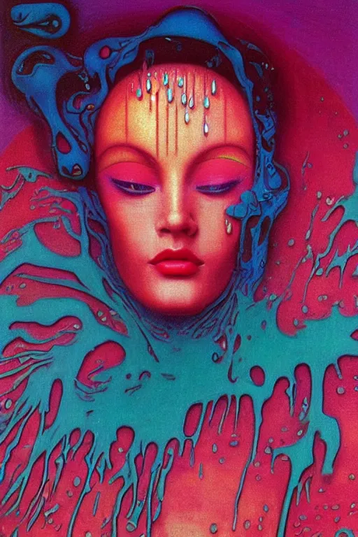 Image similar to 8 0 s art deco close up portait of miss of the world, rain like a dream oil painting curvalinear clothing cinematic dramatic cyberpunk textural fluid lines otherworldly vaporwave interesting details fantasy lut epic composition by basquiat zdzisław beksinski james jean artgerm rutkowski moebius francis bacon gustav klimt