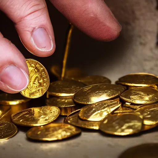 Image similar to a closeup photorealistic photograph of a happy George Washington inspecting small gold Doubloon coins at his home on Cherry Street. This 4K HD image is Trending on Artstation, featured on Behance, well-rendered, extra crisp, features intricate detail and the style of Unreal Engine.