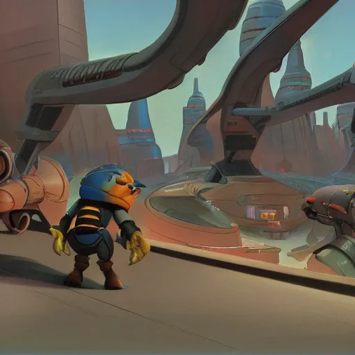 Image similar to ralph mcquarrie concept art for ratchet & clank, matte scene