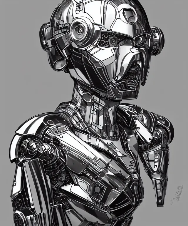 Prompt: Android portrait wearing cybernetic body, subject centered in the frame, rule of thirds, golden ratio , scifi, intricate glowing mecha armor, elegant, glowing cylon eyes, highly detailed cybernetic body, ornate mecha armor, digital painting, artstation, concept art, smooth, sharp focus, illustration, art by Artgerm and moebius and Peter Mohrbacher