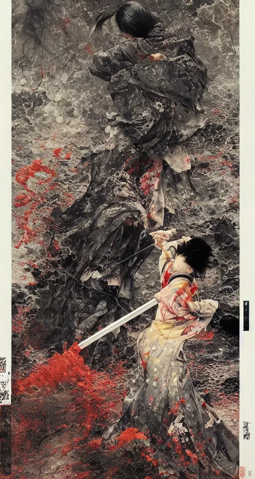 Image similar to Japanese schoolgirl runs away from Samurai with a katana on the subway, high detailed Beksinski painting, part by Adrian Ghenie and Gerhard Richter. art by Takato Yamamoto. masterpiece