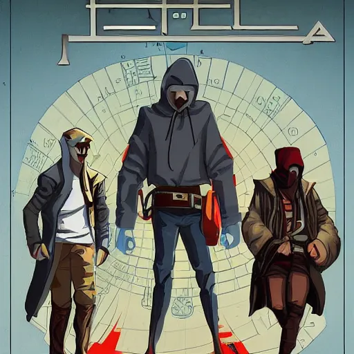 Image similar to a grifter, a hacker, a thief, and a mastermind in the style of a d&d cover