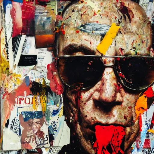 Image similar to hyperrealistic, photorealistic, mixed media oil painting of hunter s. thompson, magazine scraps, plaster, blood, oil, mustard, splatter, greg rutkowski, basquiat, ralph steadman,