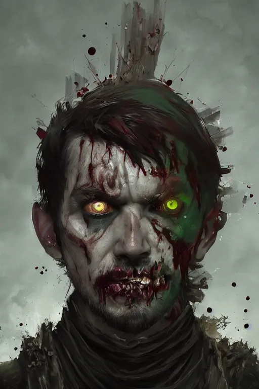 Image similar to A fancy portrait of a zombified jacksepticeye by Greg Rutkowski, Sung Choi, Mitchell Mohrhauser, Maciej Kuciara, Johnson Ting, Maxim Verehin, Peter Konig, Bloodborne, 8k photorealistic, cinematic lighting, HD, high details, dramatic, dark atmosphere, trending on artstation