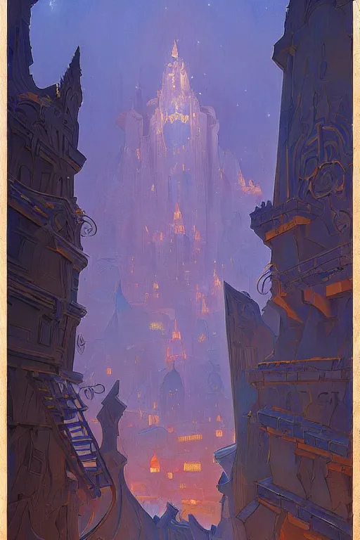 Image similar to the painted tower of the stars, by Sylvain Sarrailh and Nicholas Roerich and jean delville and Tyler Edlin and William Dyce, dramatic cinematic lighting , latticed balconies, beautiful garden, ornate carved architecture, smooth, sharp focus, extremely detailed