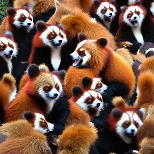 Prompt: huge number of red pandas! dancing at a party