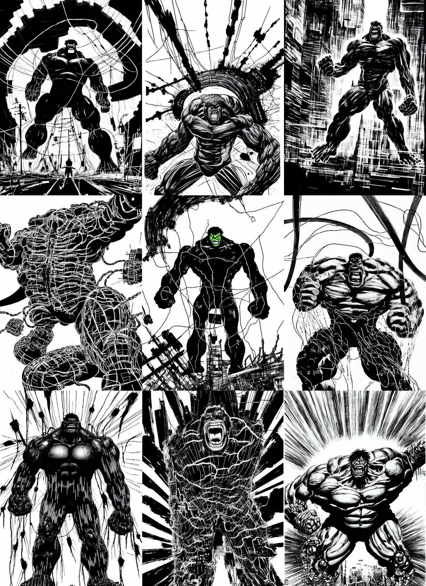 Prompt: black and white hulk with wires screaming in nuclear explosion, by tsutomu nihei, black and white, no color, destroed cybernetic city background