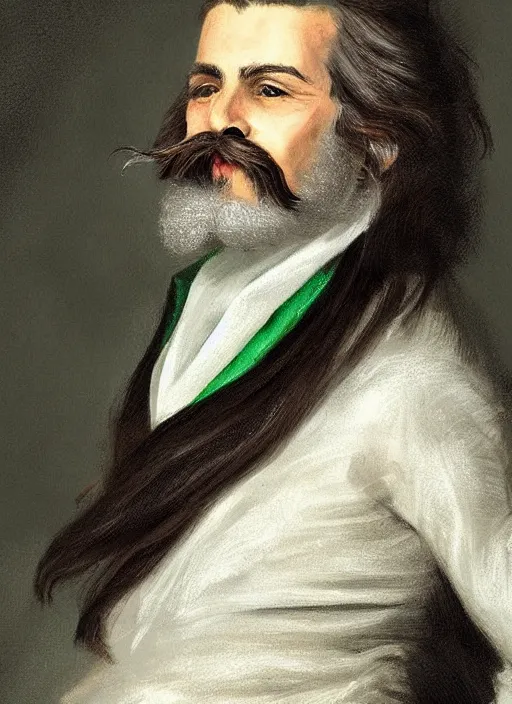 Image similar to an old french baron, long hair, wear an elegant mustach, white scarf, green shirt, by artgem, digital art, highly detailled