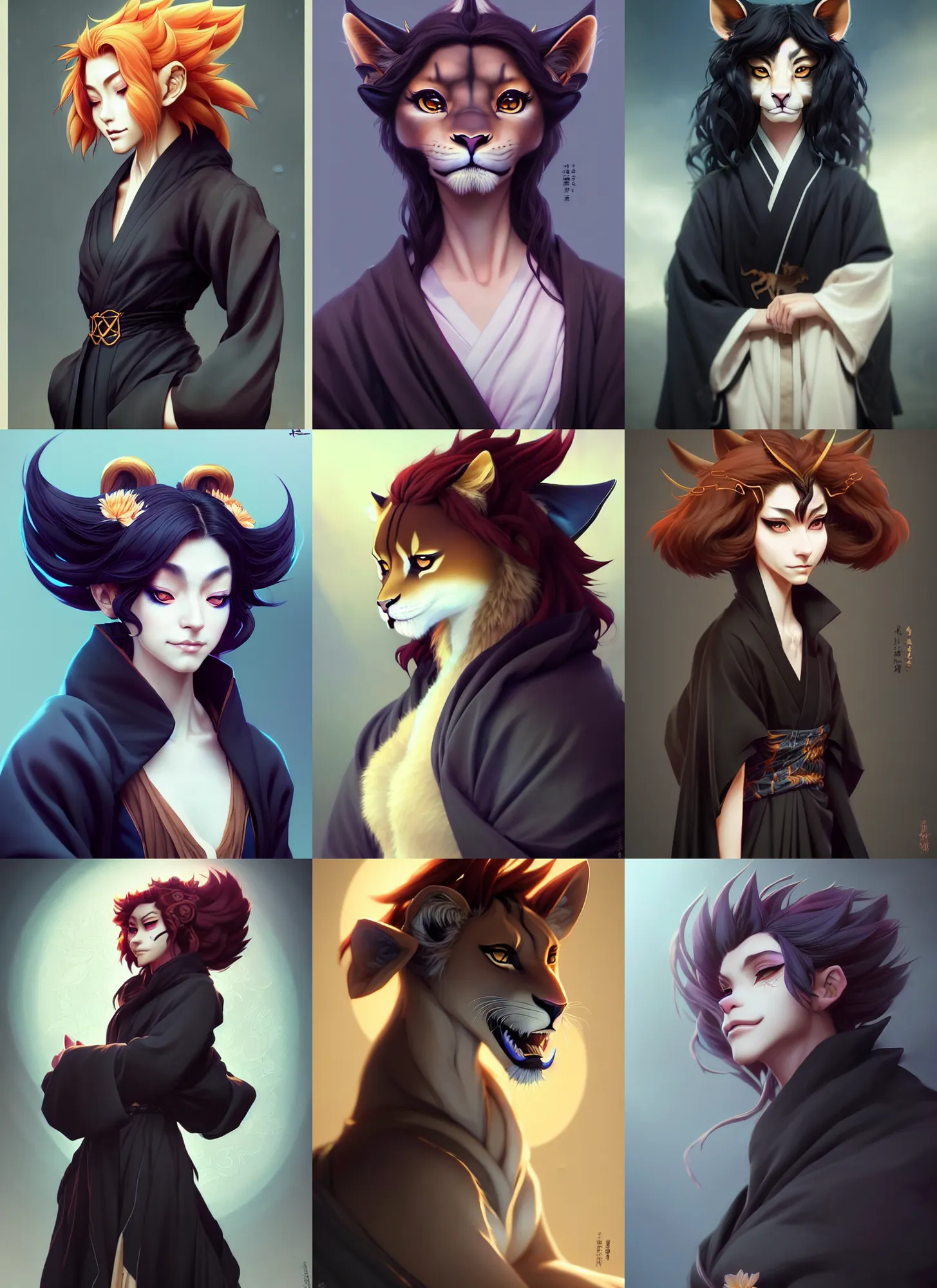 Prompt: beautiful portrait of a female anthropomorphic lioness fursona dressed in a black shinigami kimono. character design by disney, charlie bowater, ross tran, artgerm, and makoto shinkai, detailed, soft lighting, rendered in octane