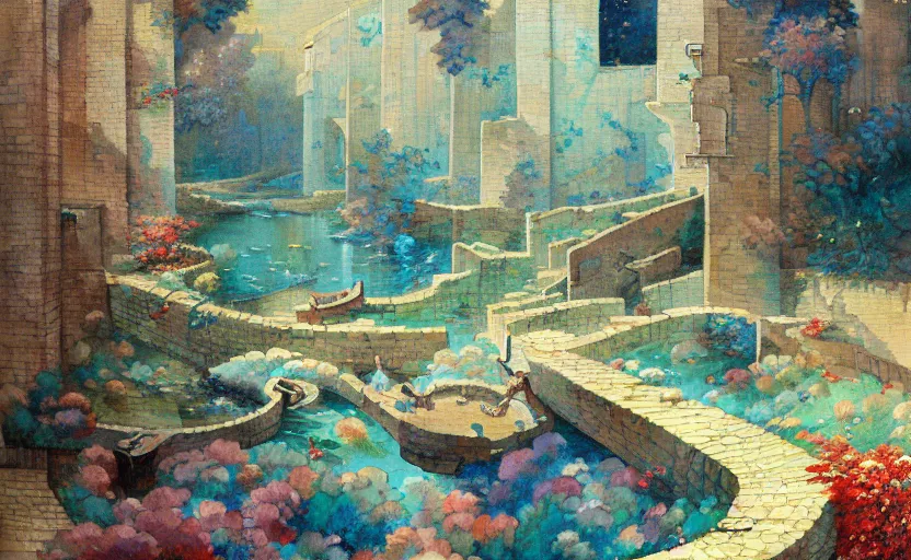 Image similar to tiled room squared waterway, aqueducts, fantasy. intricate, amazing composition, colorful watercolor, by ruan jia, by maxfield parrish, by marc simonetti, by hikari shimoda, by robert hubert, by zhang kechun, illustration, gloomy