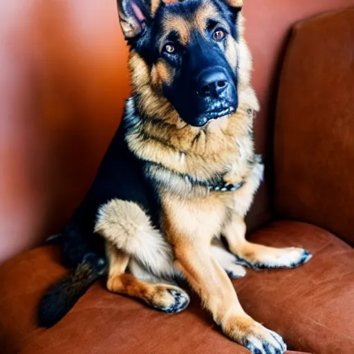 Prompt: a german shepherd sitting on an armchair n 9