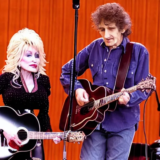 Prompt: Photo of Dolly Parton jamming with Bob Dylan