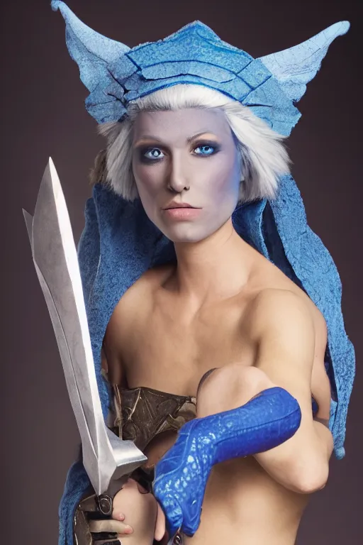 Prompt: a blue-skinned female DND vedalken, high resolution film still, 8k, HDR colors, cosplay, studio lighting, photo by bruce weber