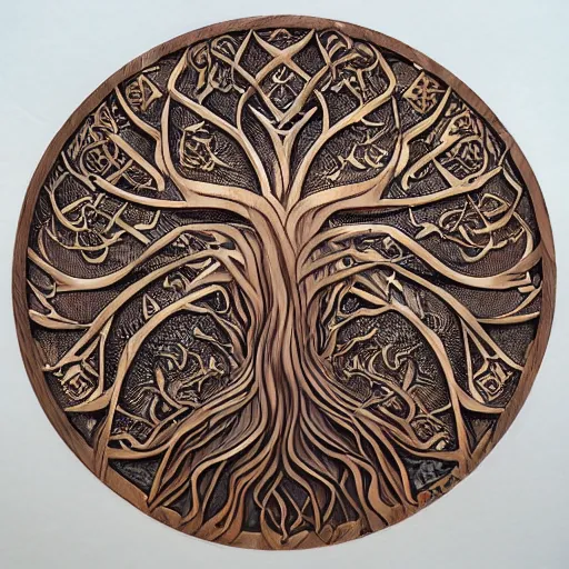 Prompt: wood relief carving of world tree, tree of life, yggdrasil, stygian, evil, shoggoth + exquisite, ornate, intricately carved, fractal, tarot, intricate details, art deco, hokusai, mohrbacher, alphonse mucha, photo realistic, redshift, spotlight