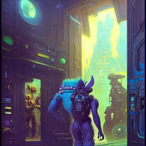 Prompt: portrait of sulley from monsters inc in front of a door. spaceship futuristic city. shadowrun cyberpunk fantasy d & d painting by gaston bussiere craig mullins jc leyendecker gustav klimt artgerm greg rutkowski john berkey, bergey, craig mullins, ruan jia, raymond swanland, tom lovell