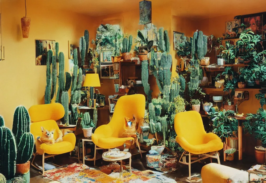 Prompt: 1970s interior magazine photo of two yellow armchairs with a glowing lava lamp next to it, at dusk, with kittens in the chairs, wooden walls with framed art, and a potted cactus and some hanging plants, with dappled light