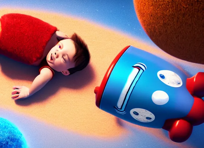 Prompt: toddler elon musk lying on a shaggy rug playing with his space rockets, rendered with renderman, realistic materials, pbr, beautiful soft lighting, cgsociety