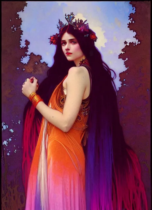 Image similar to ombre velvet gown, feathers, vivid colors, lovely dark autumn princess, portrait, long hair, tiara, jeweled choker, by alphonse mucha, brom, greg rutkowski, anato finnstark