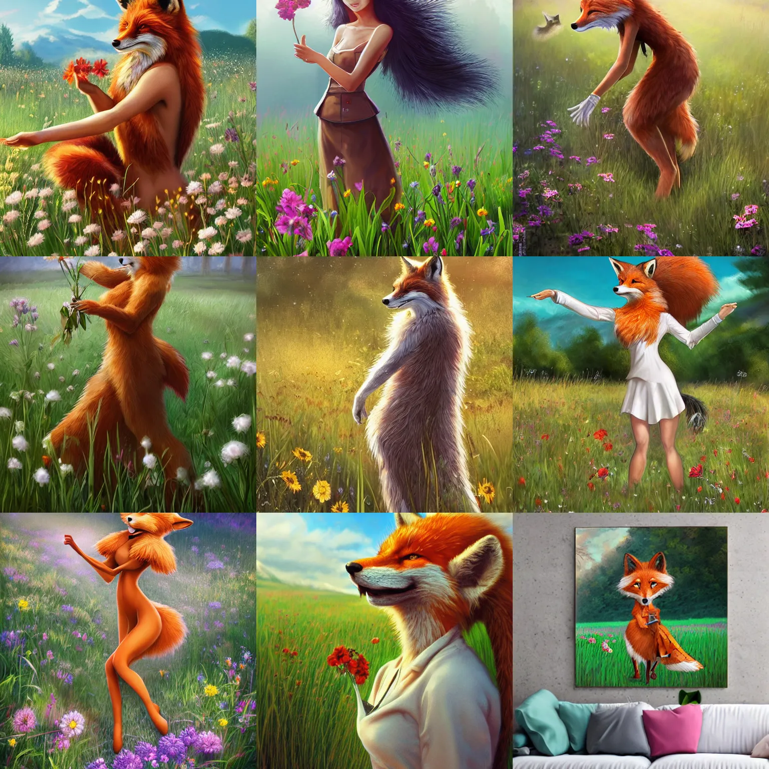 Prompt: Anthropomorphic foxwoman picking flowers in a meadow, Artgerm