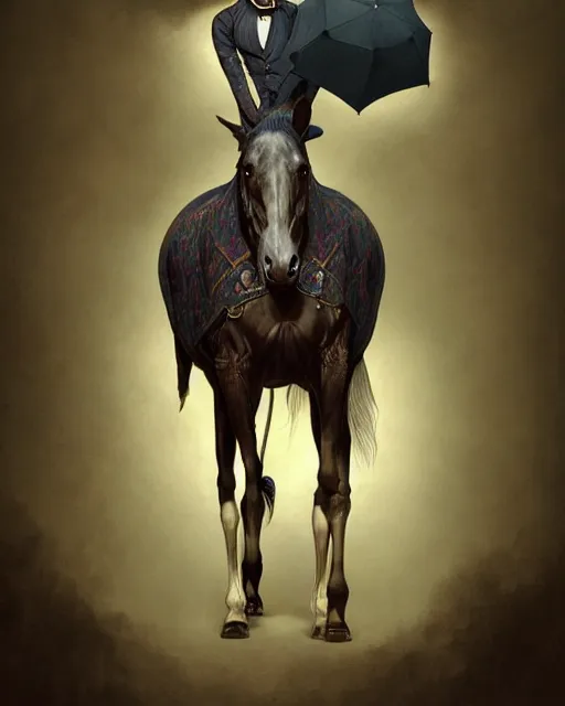 Image similar to anthropomorphic art of a detective horse standing on two legs like human, victorian inspired clothing by artgerm, victo ngai, ryohei hase, artstation. fractal papersand books. highly detailed digital painting, smooth, global illumination, fantasy art by greg rutkowsky, karl spitzweg