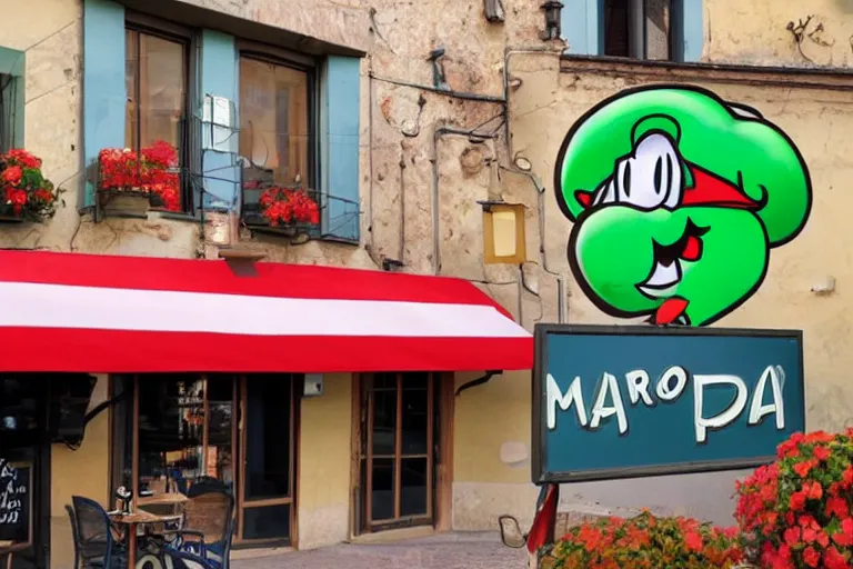 Image similar to An Italian restaurant using mario as it's mascot on the sign