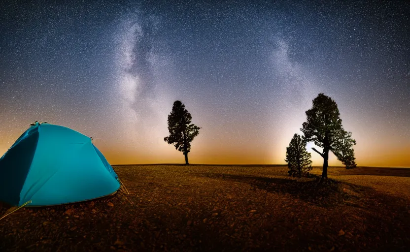 Image similar to photography of many stars at night with a tree in foreground and a tent, highly detailed, photorealistic