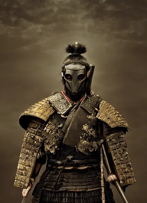 Image similar to samurai portrait photo, wearing mempo mask, after a battle, dirt and unclean, extreme detail, cinematic, dramatic lighting render, photorealism photo by national geographic, tom bagshaw, masterpiece