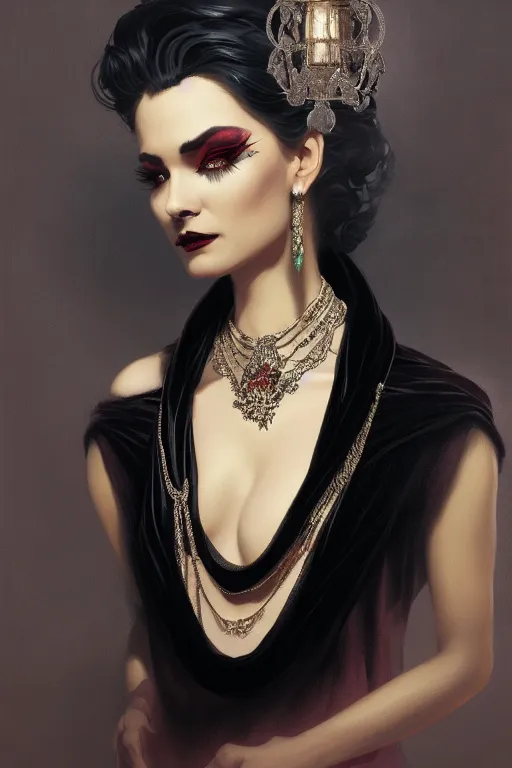 Prompt: highly detailed oil painting, black ombre velvet gown, beautiful elegant demon queen, shadows, beautiful face by leyendecker, black feathers, white hair, dozens of jeweled necklaces, by greg rutkowski, brom, anato finnstark, alphonse mucha, cinematic lighting,