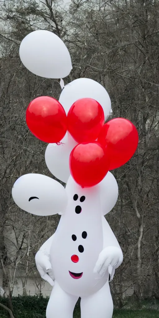 Prompt: friendly ghost from the children's movie IT with 99 red balloons and a bunch of problems with jay-z playing on the radio