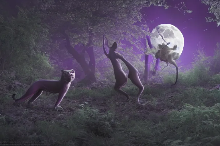 Image similar to a purple panther roaring at the moon in a forest during the night, large moon in the center. trending on artstation. cinematic. photoreal. dark colors. night.